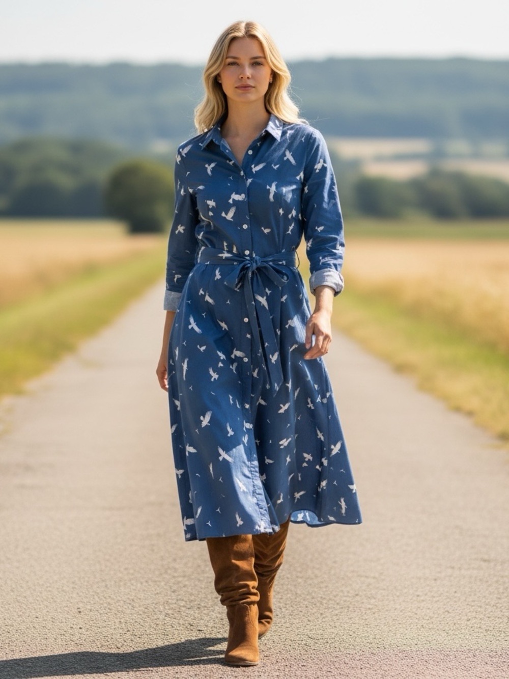 Linenvibes Eagle Bird Novelty Print Cotton Long Sleeve Blue Maxi Shirt Dress L
